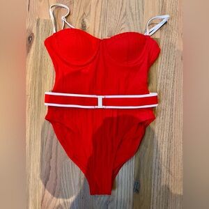 Red One-Piece Swimsuit with Belt